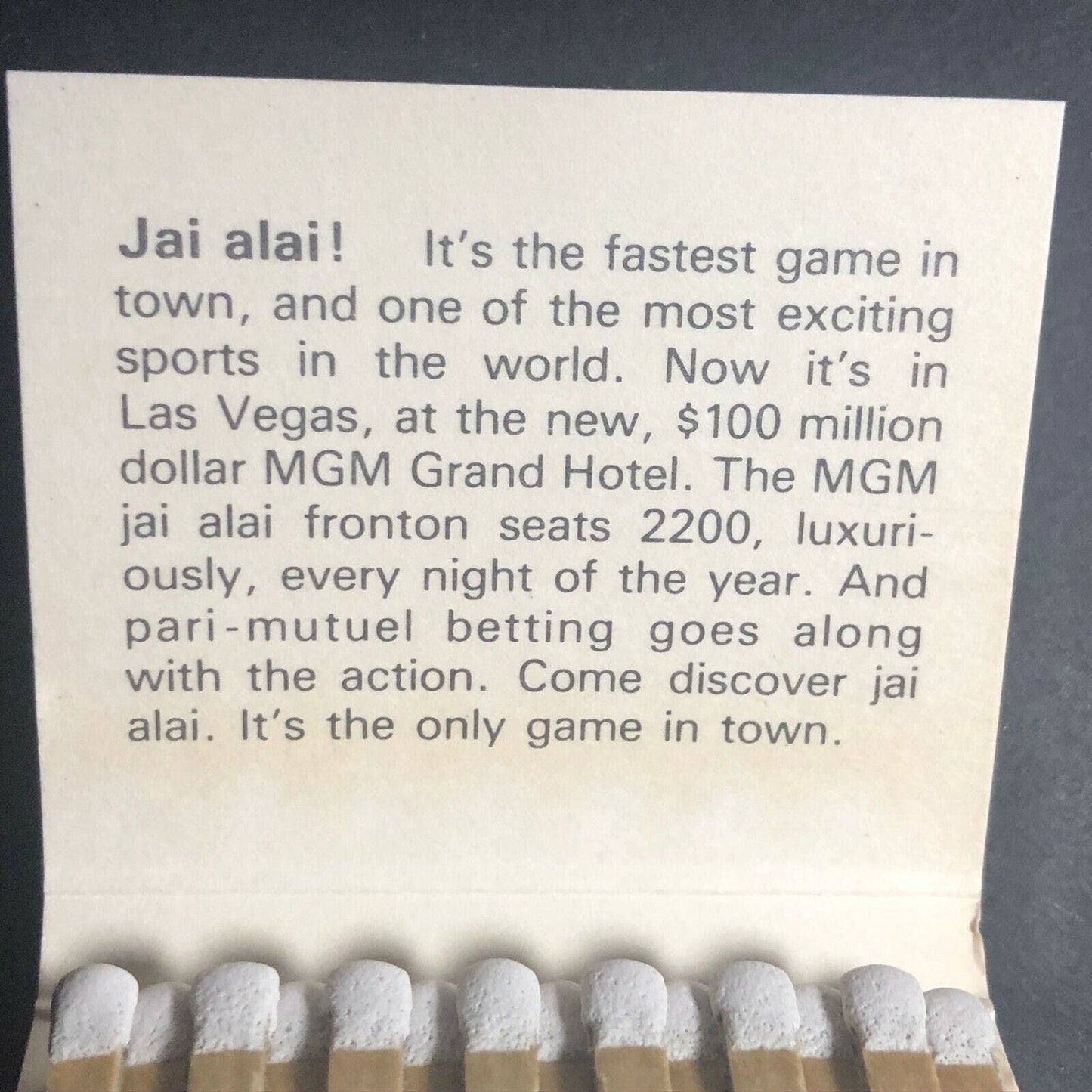 70's-80's Full Matchbook "MGM Grand Jai Alai" Las Vegas, NV