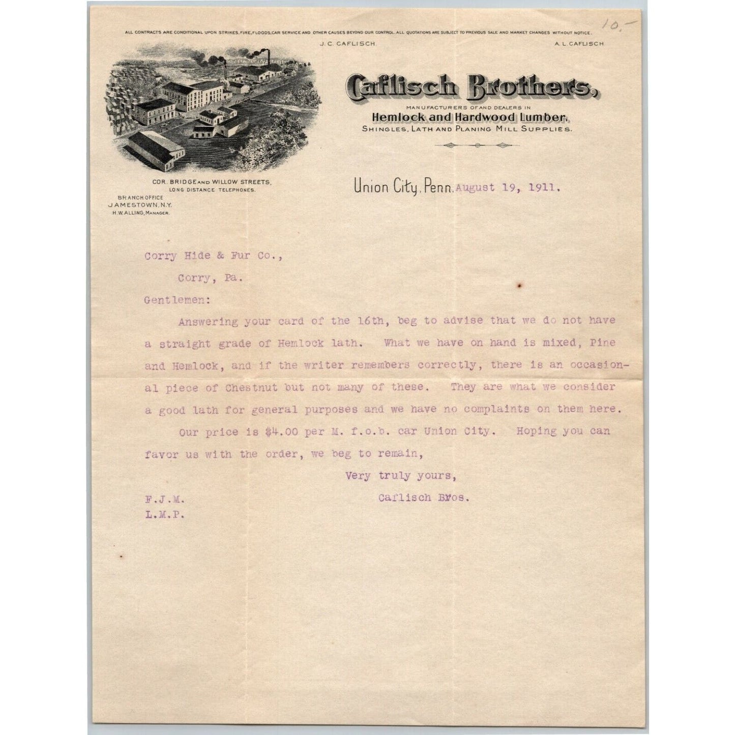 Calfisch Brothers 1911 Union City, Penn. Letterhead Hemlock and Hardwood Lumber