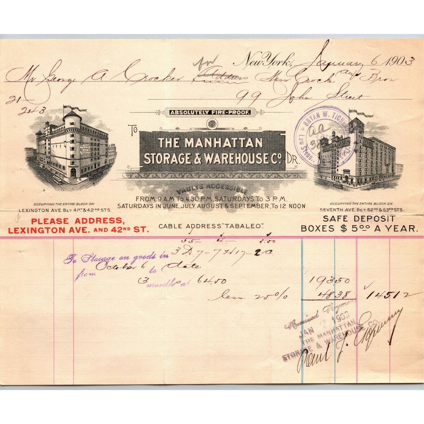1903 Manhattan Storage Warehouse Co Crocker Bros Letterhead 52nd St 7th Ave NYC