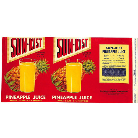 1949 Paper Fruit Can Label Pineapple Juice - California Packing