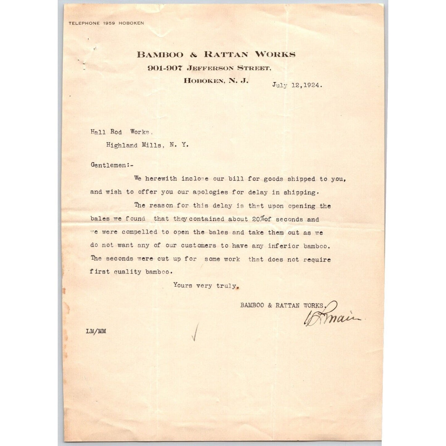 1924 Hoboken, NJ Bamboo & Rattan Works Letterhead