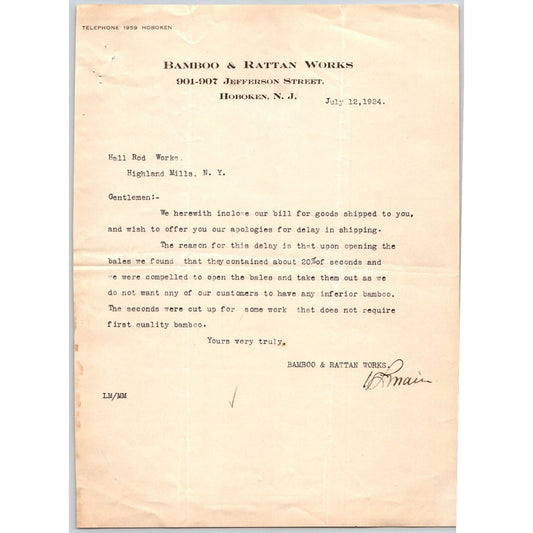 1924 Hoboken, NJ Bamboo & Rattan Works Letterhead