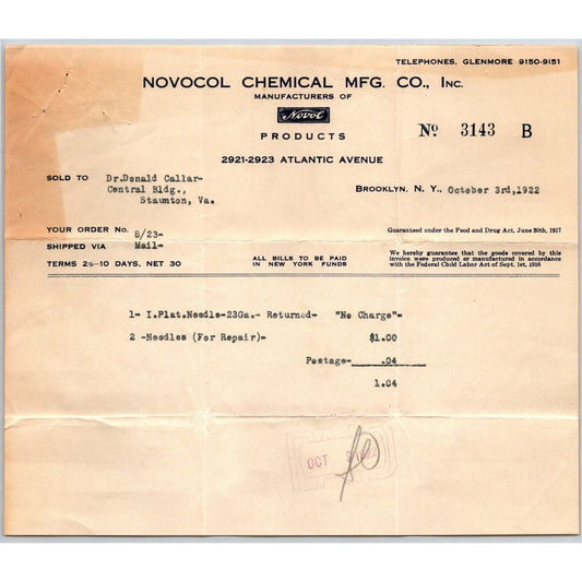Brooklyn, NY "Novocol Chemical Mfg. Co." 1922 Billhead Noval