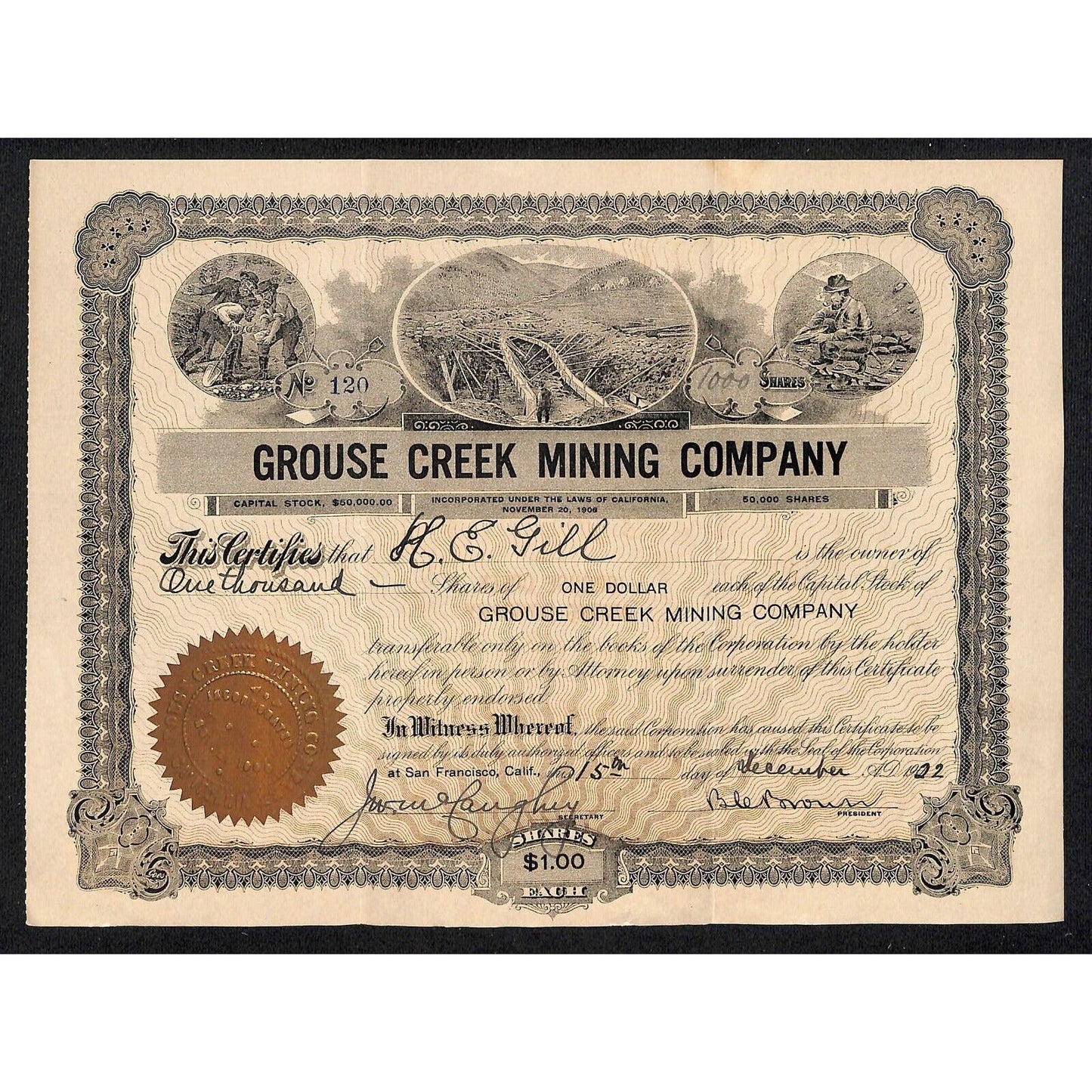 San Francisco Grouse Creek Mining Co. 1922 Stock Certificate #120 Scarce