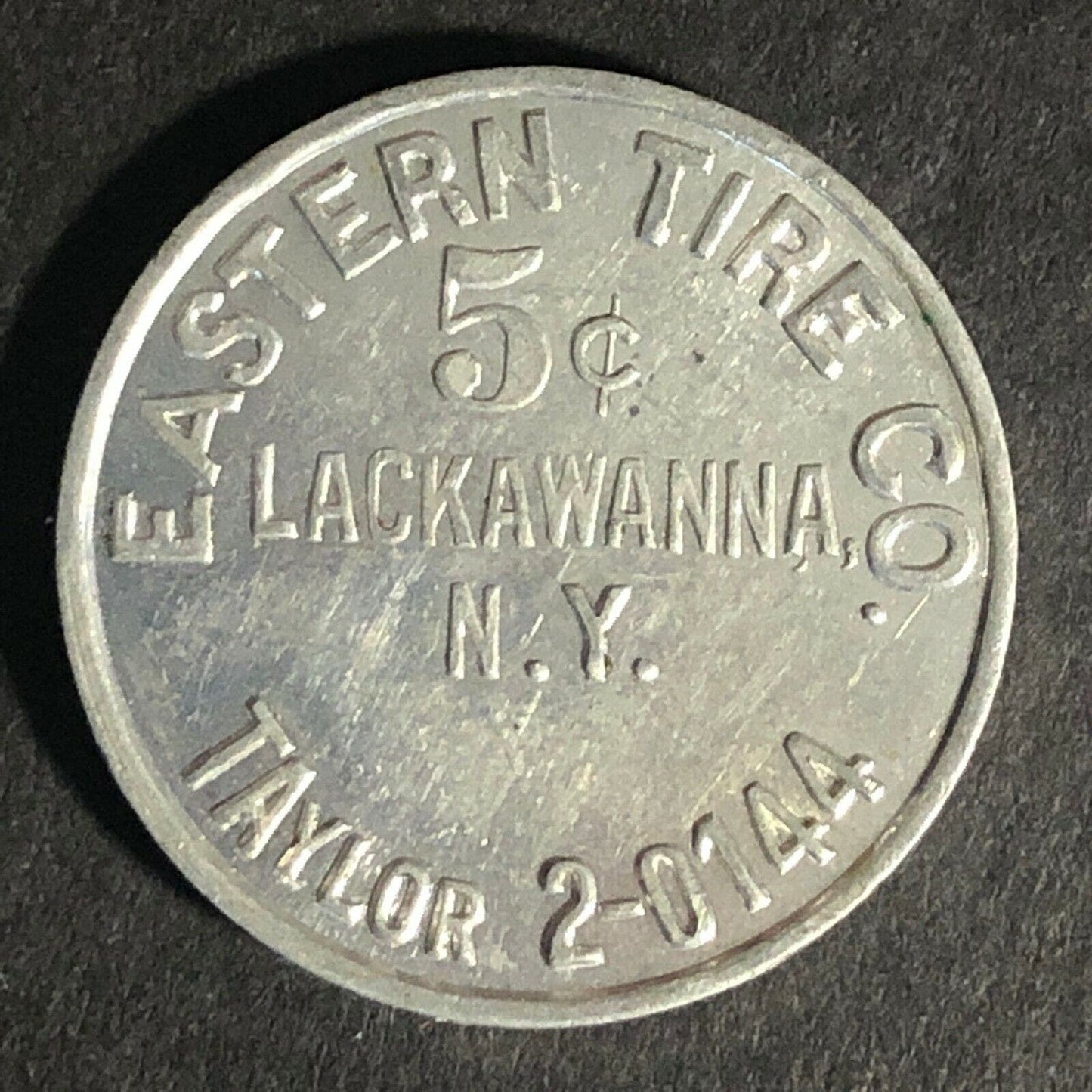 Lackawanna, NY Eastern Tire Co. Alum Redeemable 5c on Merchandise Token 22.8mm