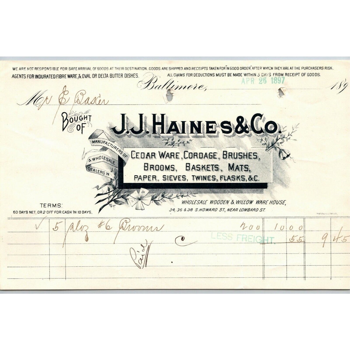 1897 Letterhead Billhead J.J. Haines Baskets Mats Baltimore Ephraim Baker*