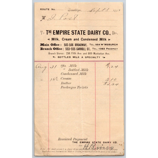 Empire State Dairy Brooklyn, NY Sept 1903 Billhead to: Isaac Post VGC