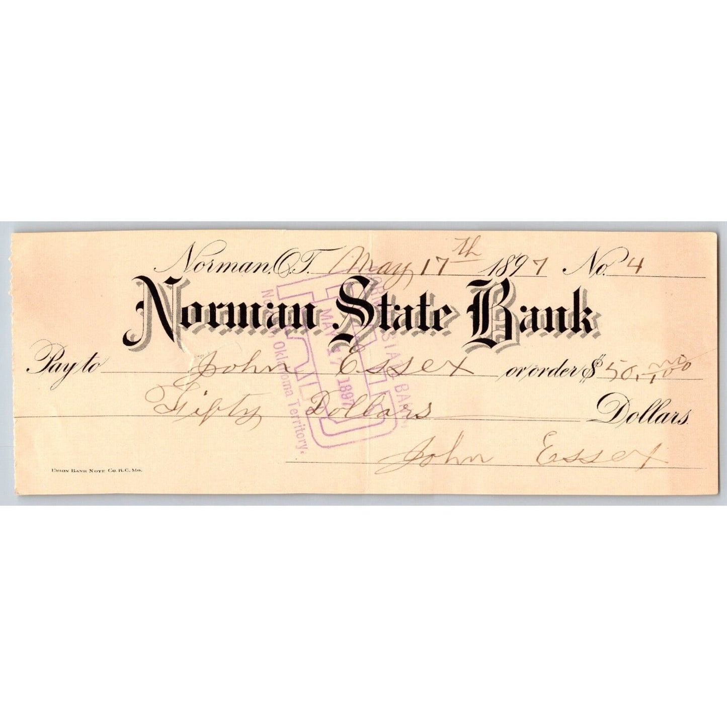 Norman, Oklahoma Territory 1897 $50 "Norman State Bank" Check Scarce