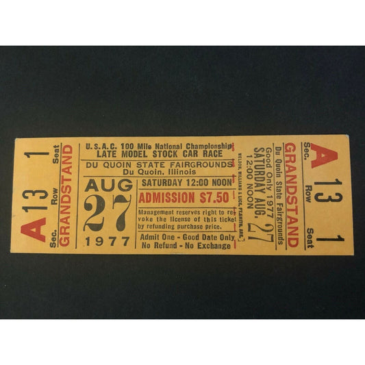 1 1977 Du Quoin State Fair USAC 100 Mile Late Model Stock Car Race Ticket