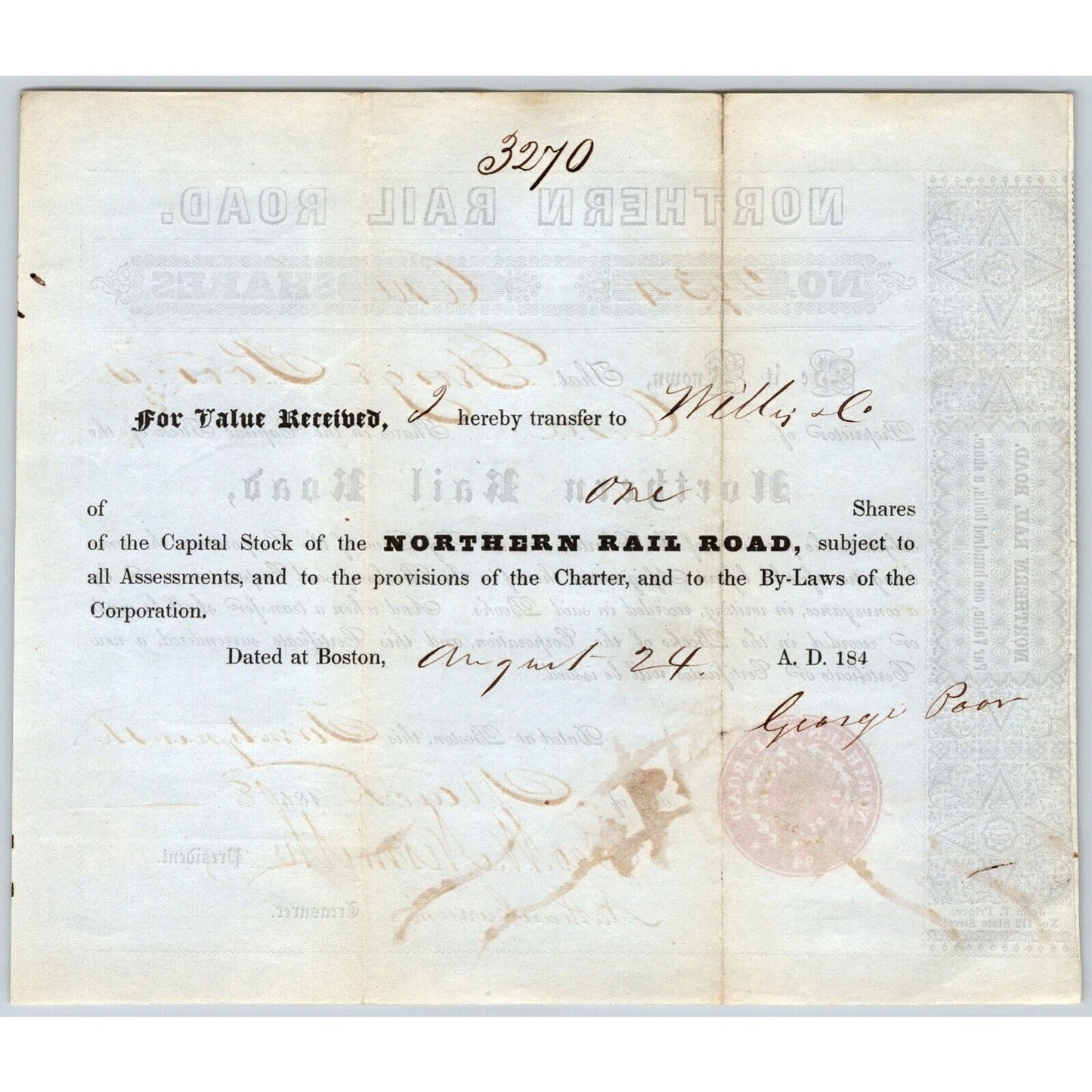 1848 Boston, MA Northern Railroad Stock Certificate No. 2934 for One Share