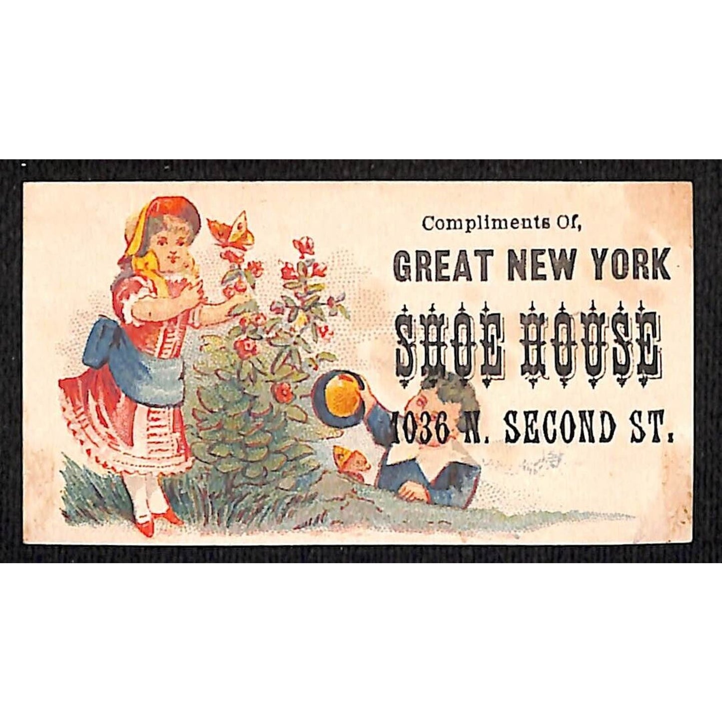 Great New York Shoe House 1036 N Second St. Victorian Trade Card Kids Flowers