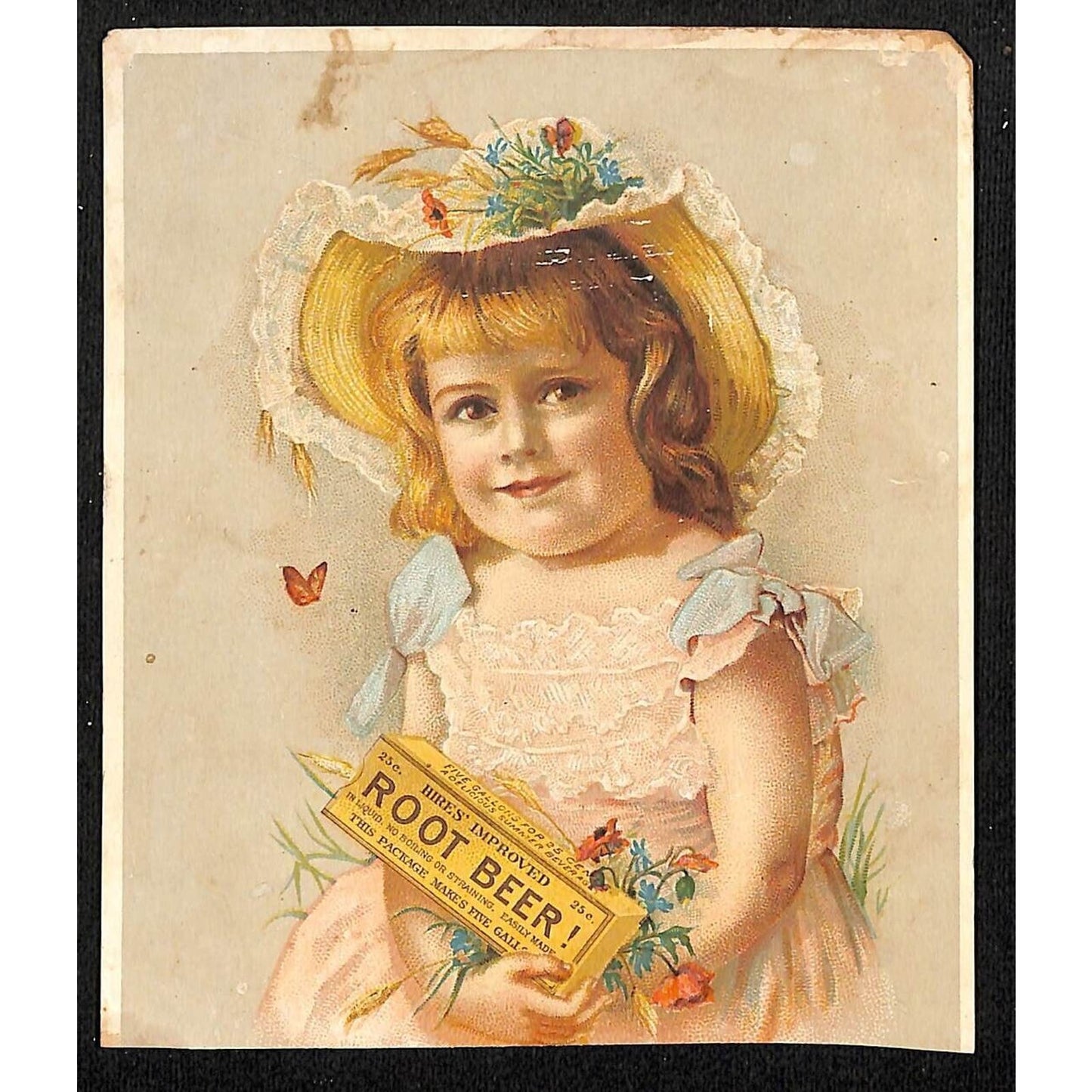 Hires Root Beer "No Boiling" Victorian Trade Card Smiling Girl Holds Package