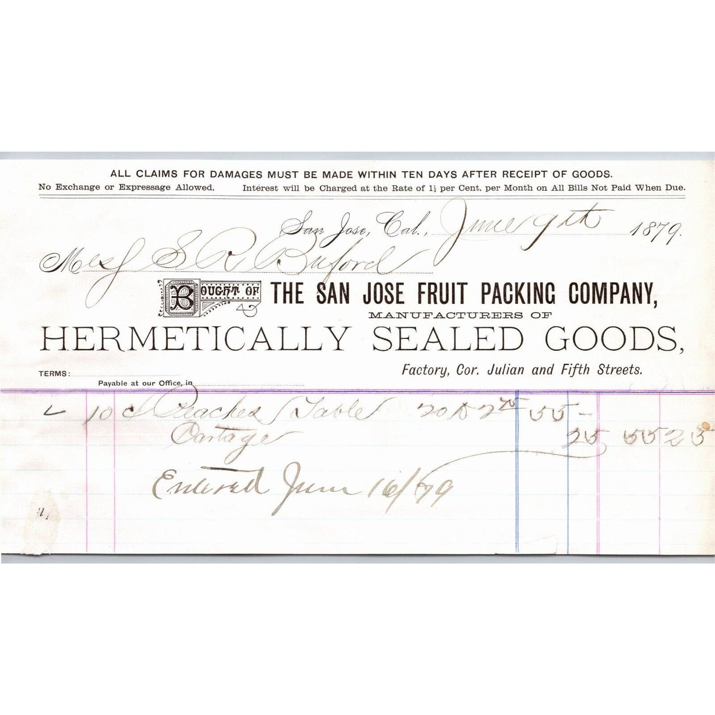 1879 San Jose Fruit Packing Co. "Hermetically Sealed Goods" Buford V.C. Montana