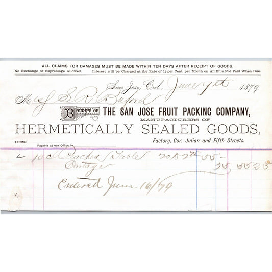 1879 San Jose Fruit Packing Co. "Hermetically Sealed Goods" Buford V.C. Montana