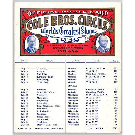 1939 Cole Bros Circus Route Card "World's Greatest" Ontario MI WI