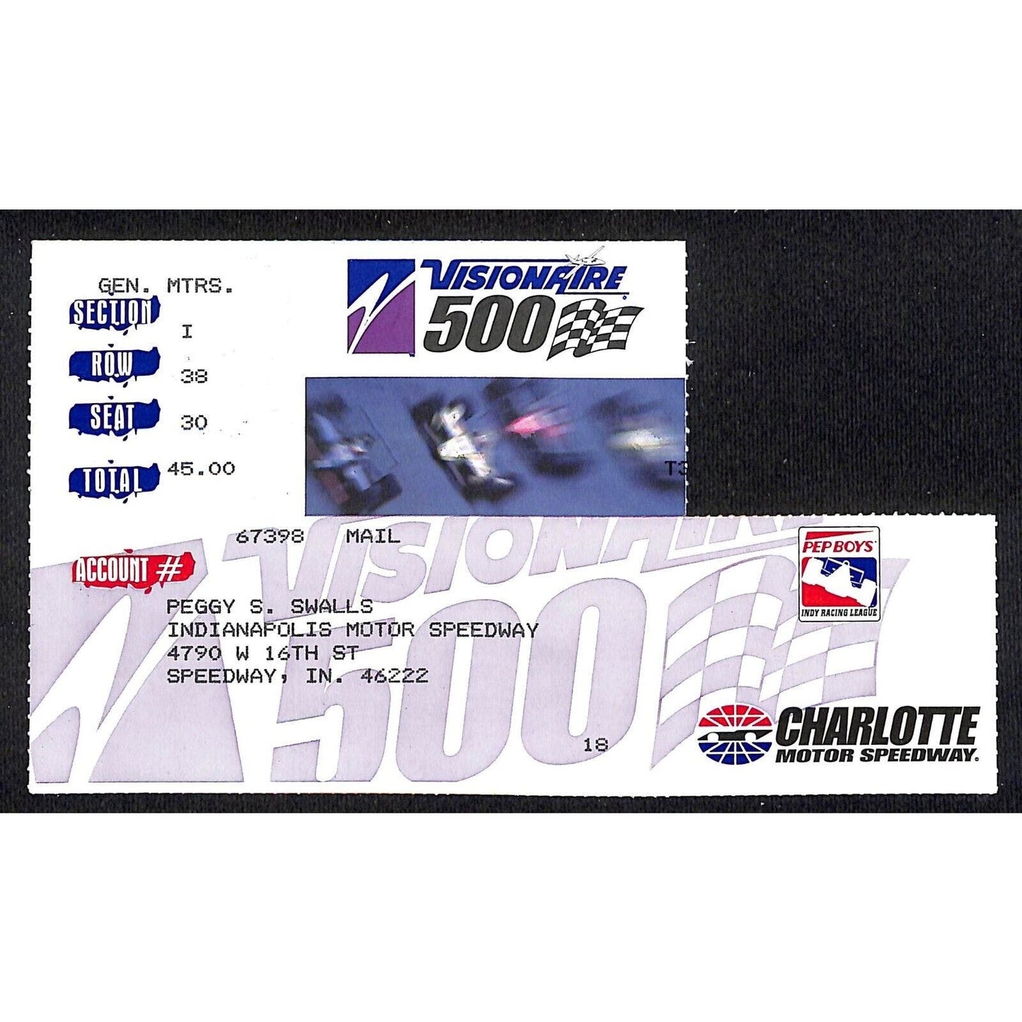 1998 Charlotte Motor Speedway Visionaire 500 Indy Ticket Stub *Peggy Swalls*