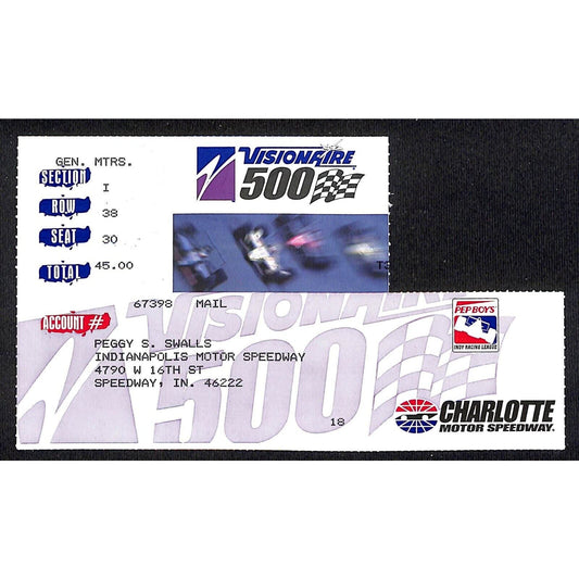 1998 Charlotte Motor Speedway Visionaire 500 Indy Ticket Stub *Peggy Swalls*