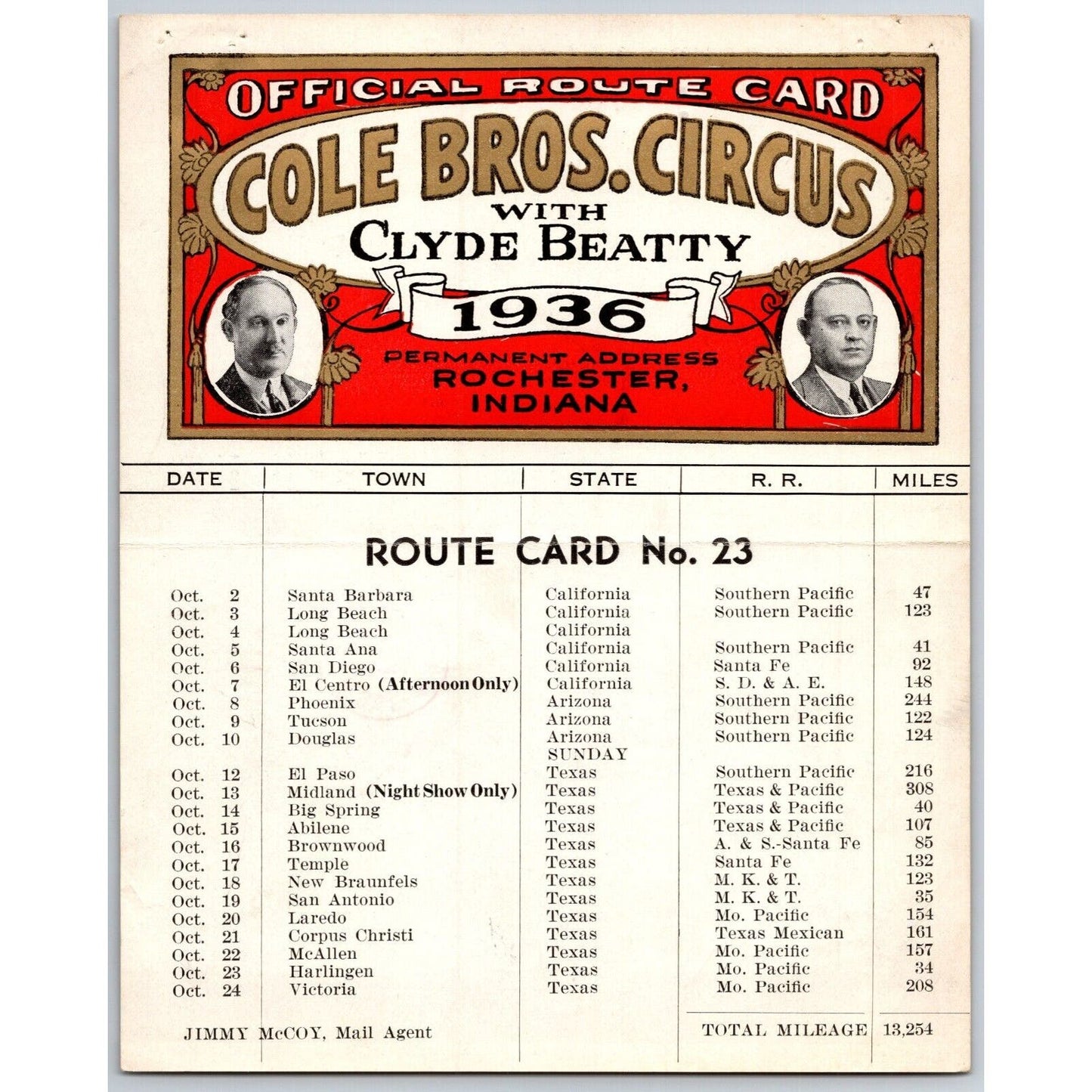 1936 Cole Bros with Clyde Beatty Circus Route Card - CA AZ TX