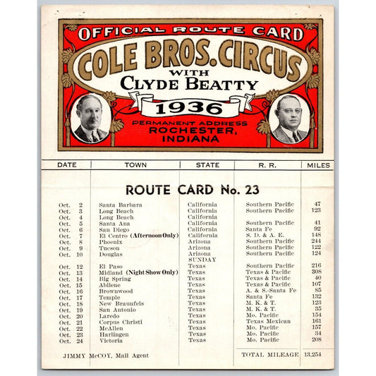 1936 Cole Bros with Clyde Beatty Circus Route Card - CA AZ TX