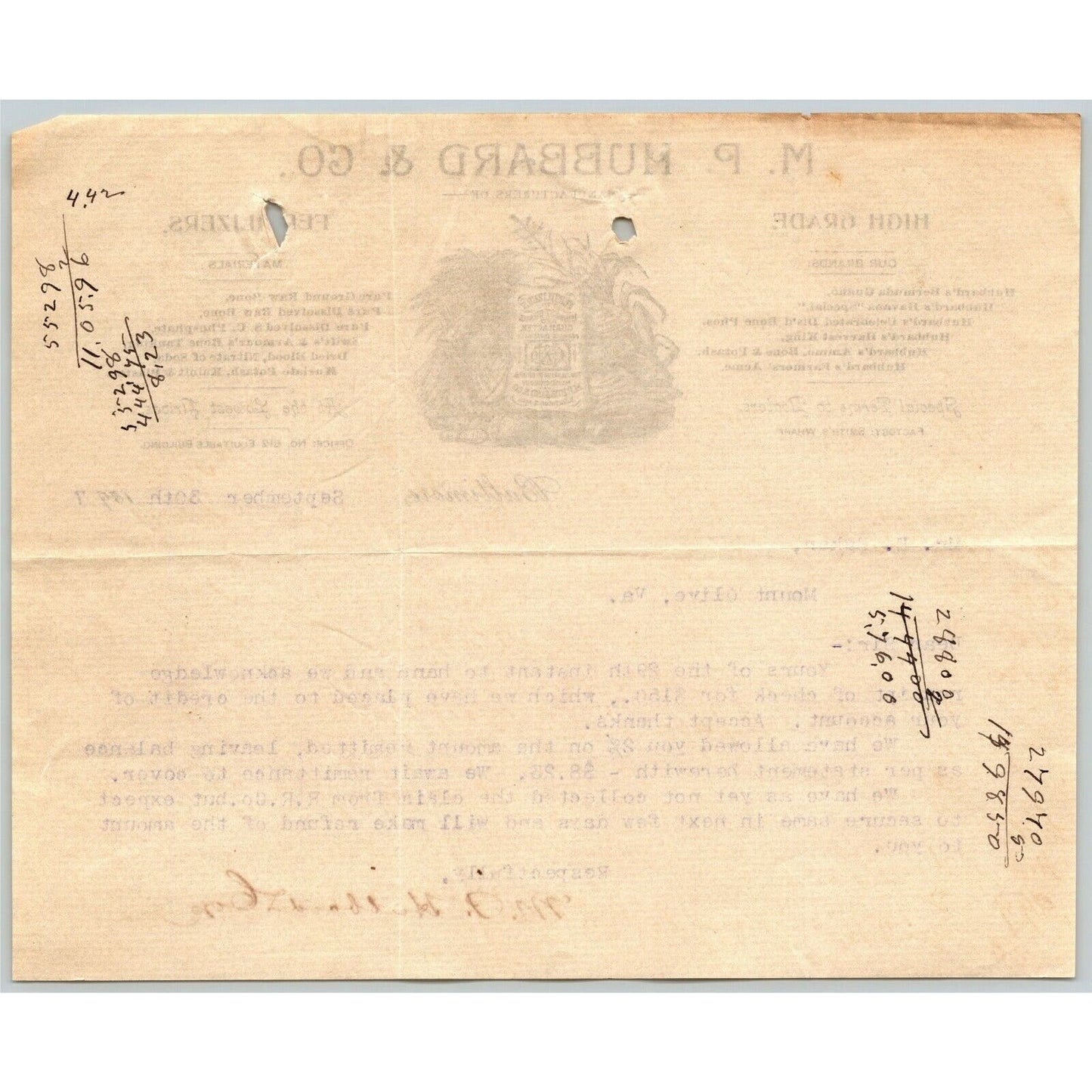 1897 Letterhead "M.P. Hubbard & Co" Fertilizers Baltimore Ephraim Baker*