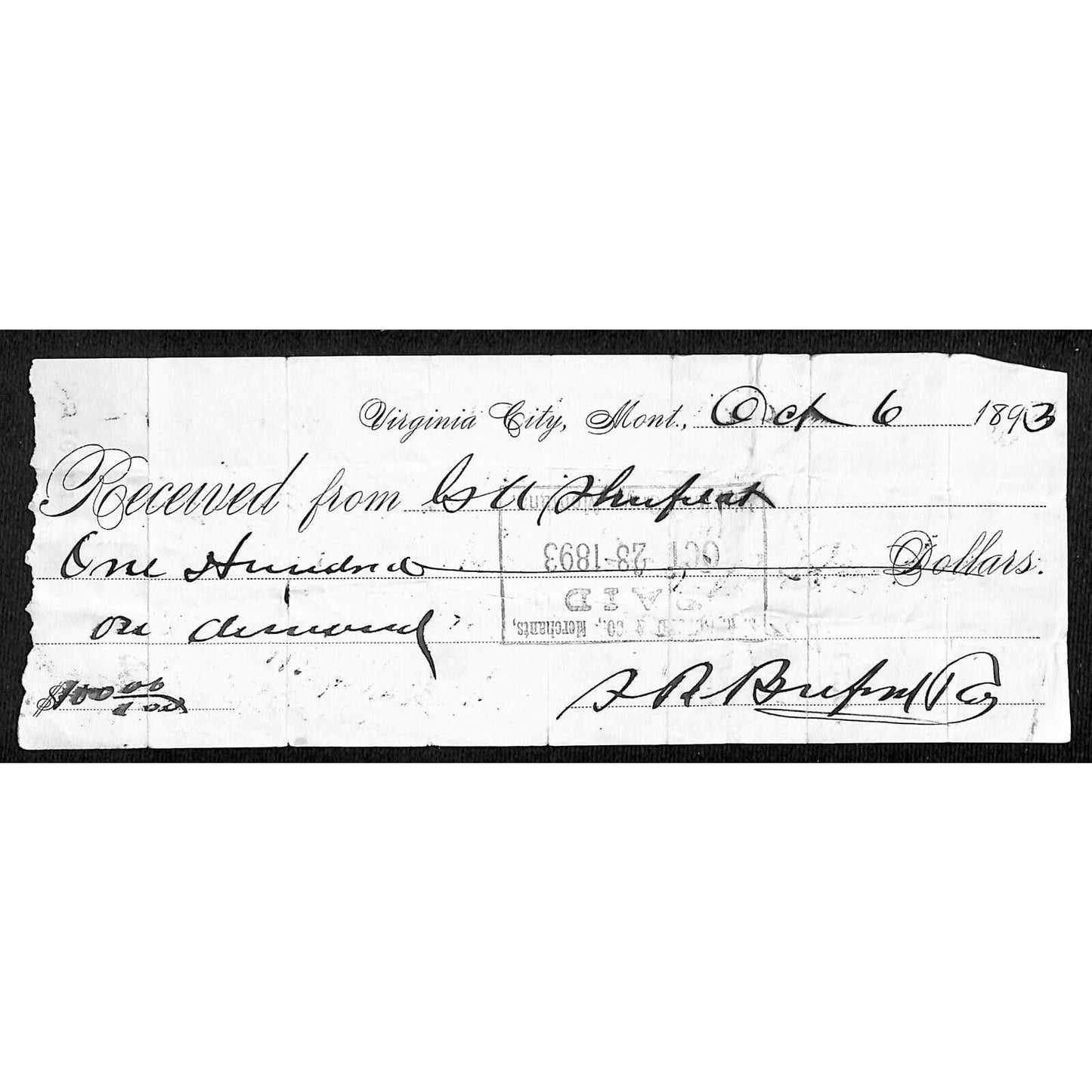 Virginia City Montana 1897 $100 Receipt / Billhead - S.R Buford Signed