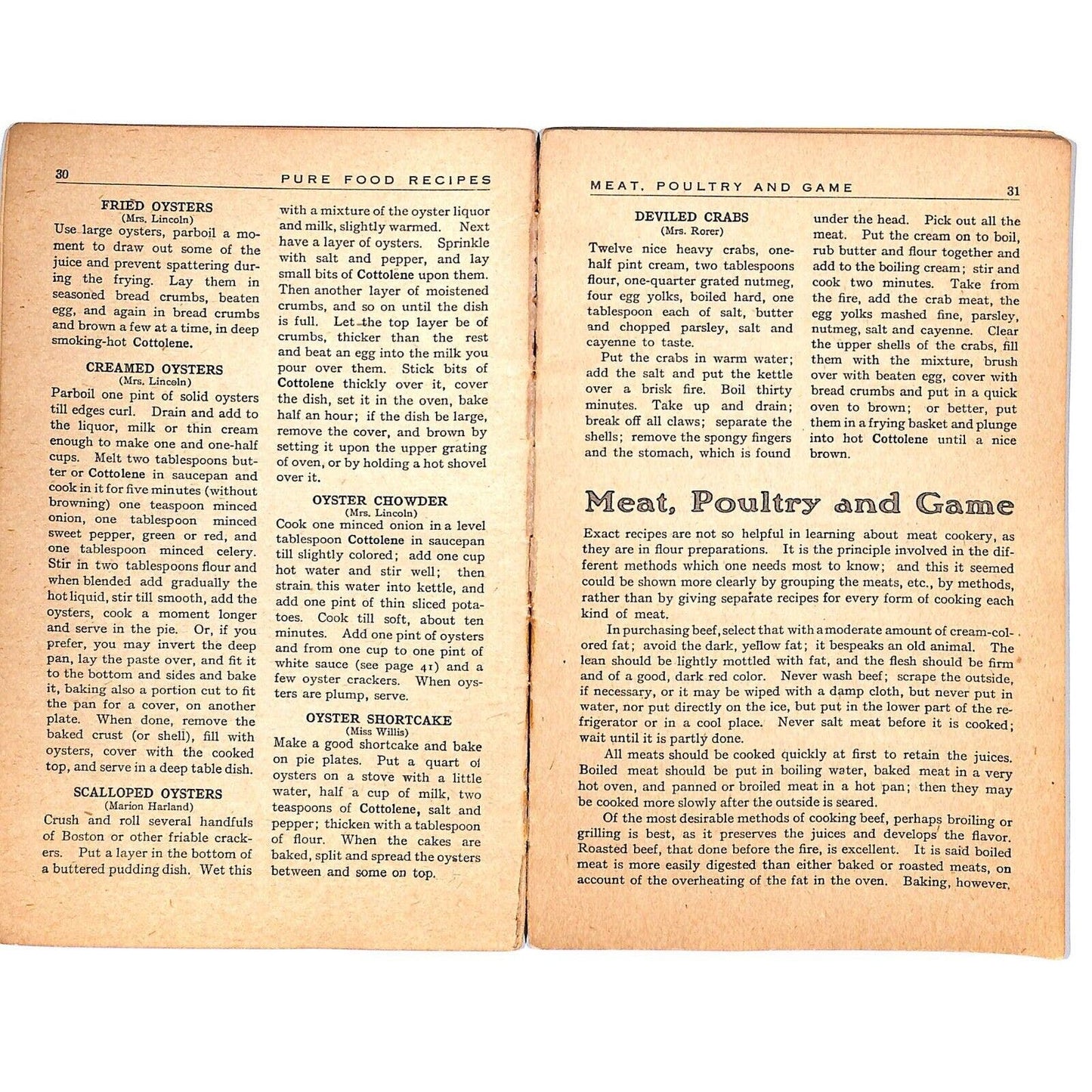 1910 "Home Helps A Pure Food Cook Book" Cottolene Cottonseed Oil 80pp Scarce