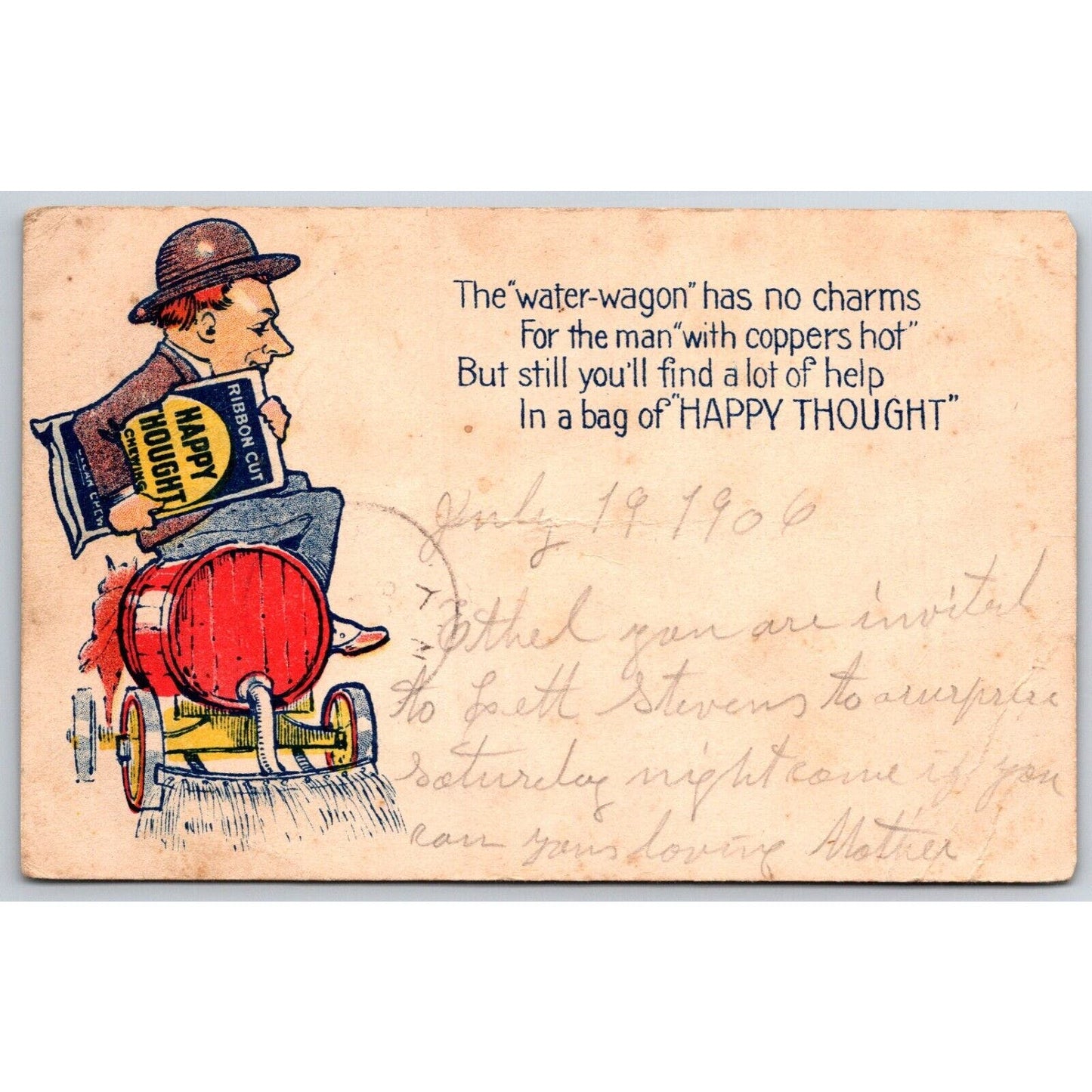Happy Thought Chewing Tobacco Water Wagon Advertising Postcard PM 1906