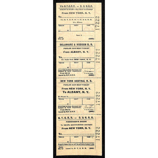 N.Y.C.R.R. - D. & H. R. R. New York / Albany SAMPLE Ticket c1960's Scarce #17222