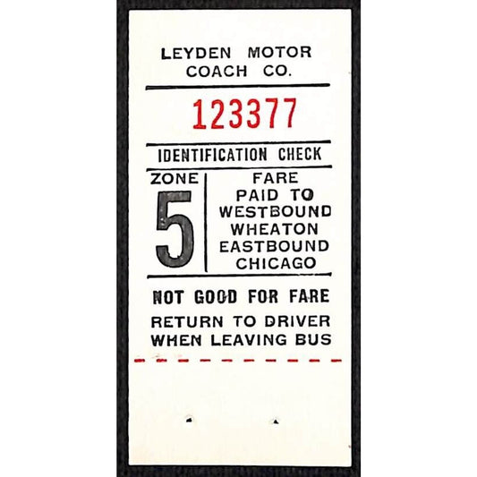 Leyden Motor Coach Zone 5 Wheaton / Chicago Bus Fare Seat Check #123777