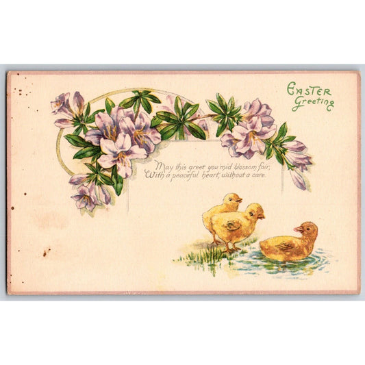Easter Postcard "Easter Greeting" Floral Poem Baby Chicks Pond NP c1920