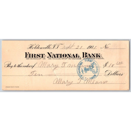 Holdenville, OK Indian Territory 1901 First National Bank Check - Scarce