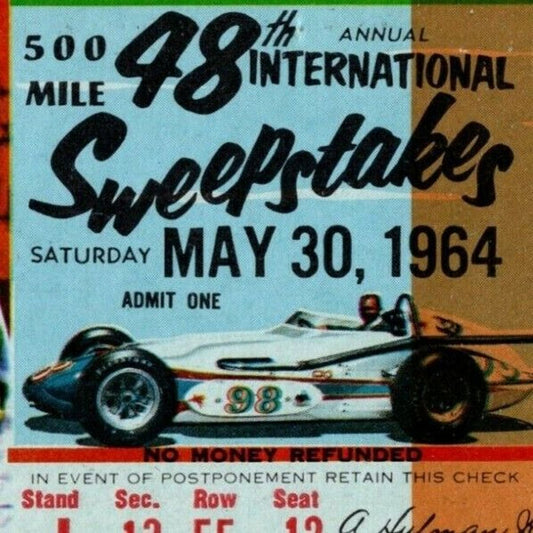 Indy 500 1964 Ticket Stub "500 Mile Intl. Sweepstakes" $12 Adm. Seat 12