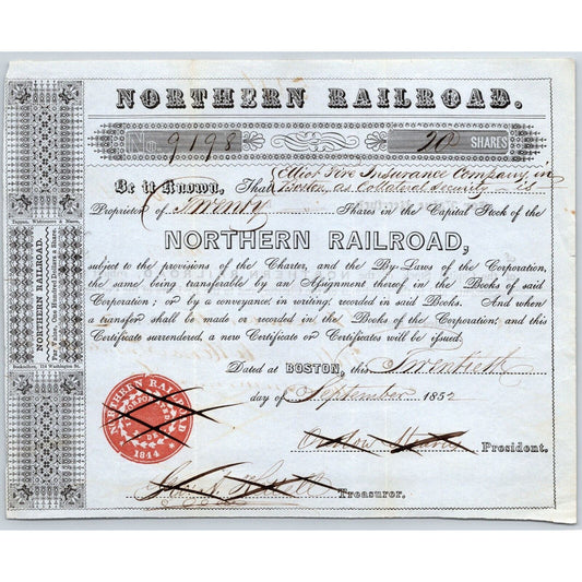 1852 Boston, MA Northern Railroad Stock Certificate No. 9198 for 20 Shares