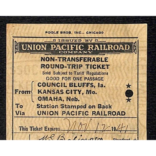 1941 Union Pacific Railroad Round Trip Ticket to Dallas