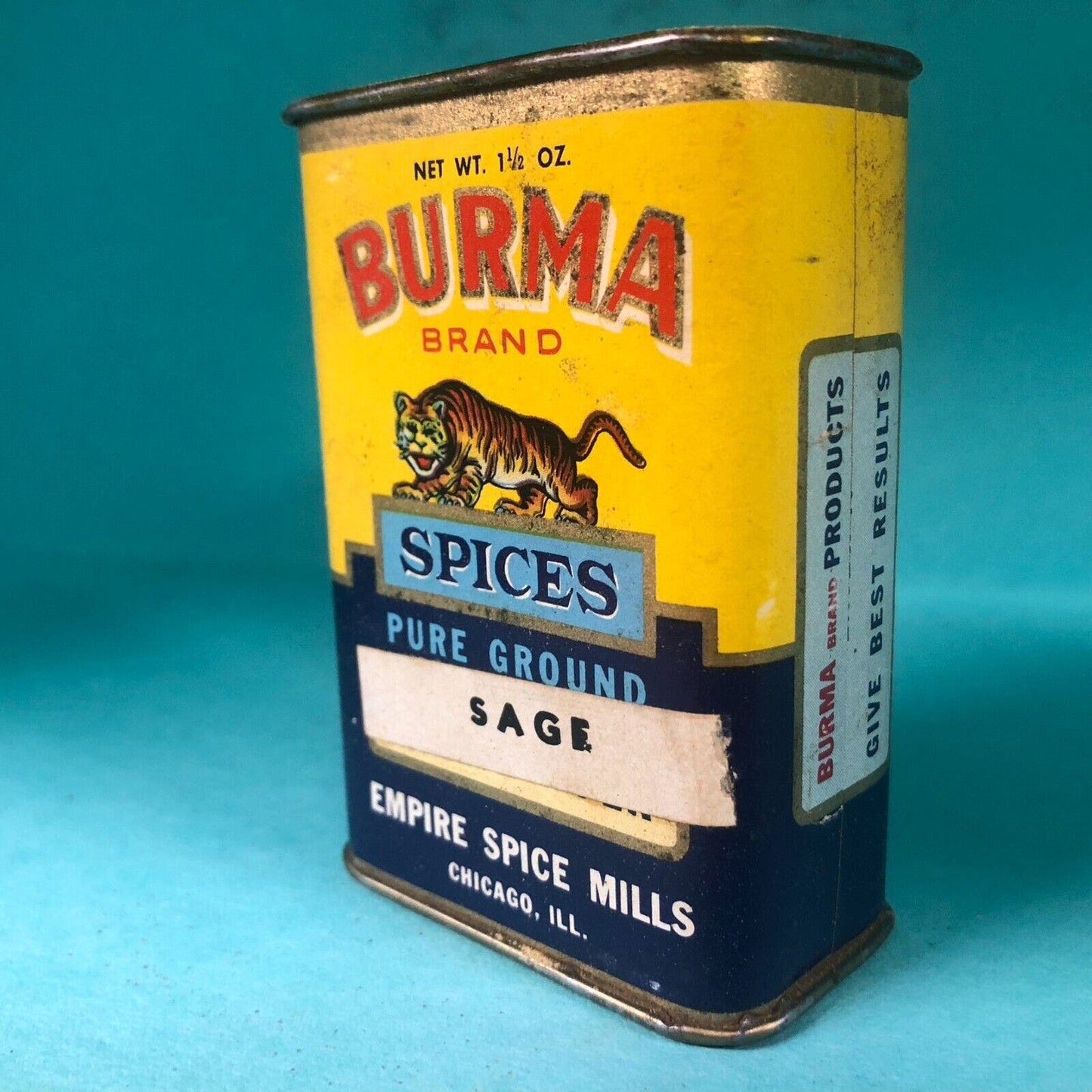 Burma Brand Chicago Sage Spice Tin 3 1/8"h Fiber Body w/ Tiger c1940's Scarce