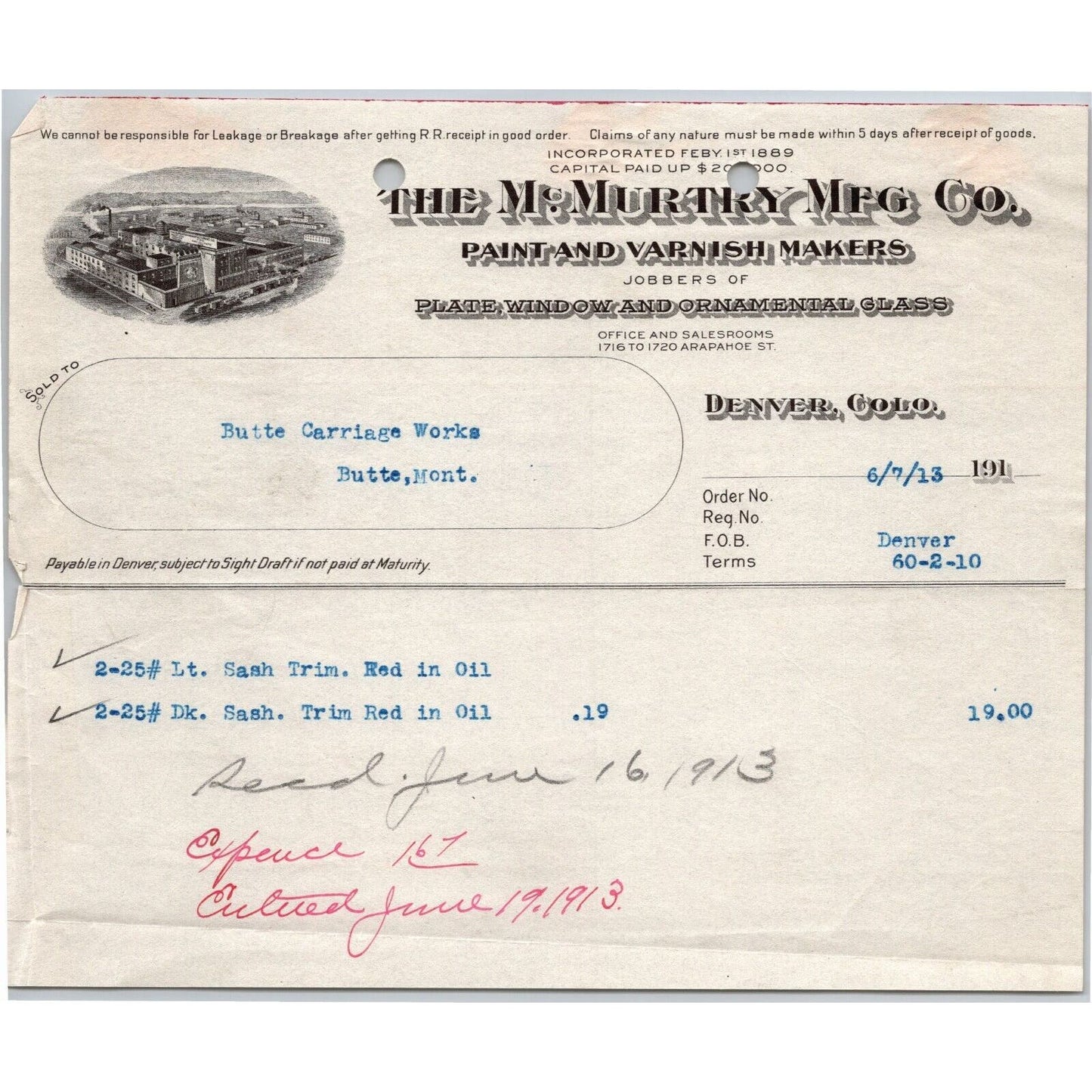1913 McMurphy Mfg. Co. Paint and Varnish Makers Denver, CO Letterhead
