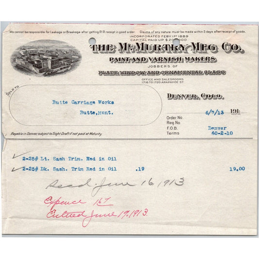 1913 McMurphy Mfg. Co. Paint and Varnish Makers Denver, CO Letterhead