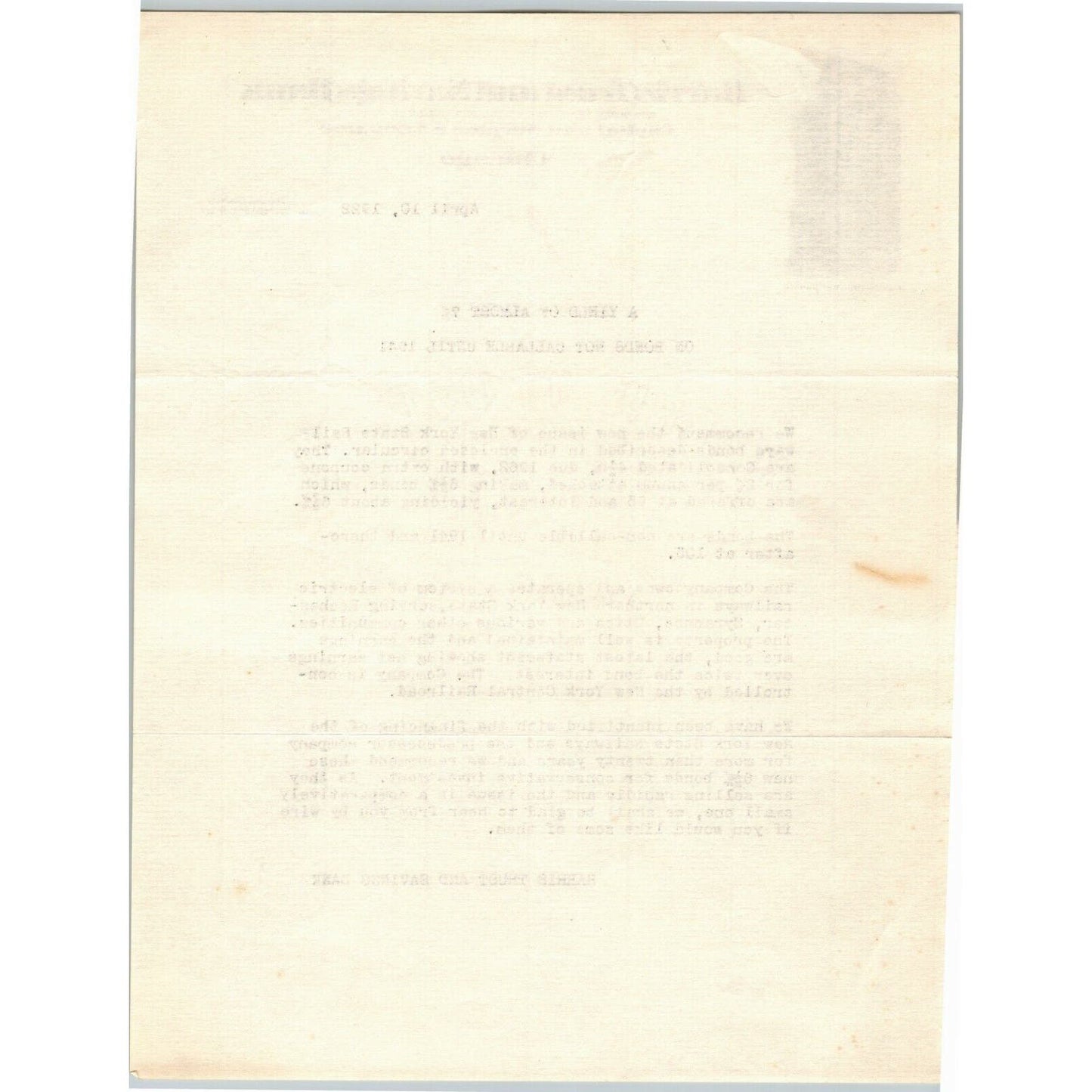 Harris Trust and Savings Company 1941 Letterhead Chicago re: Bonds NY Central RR