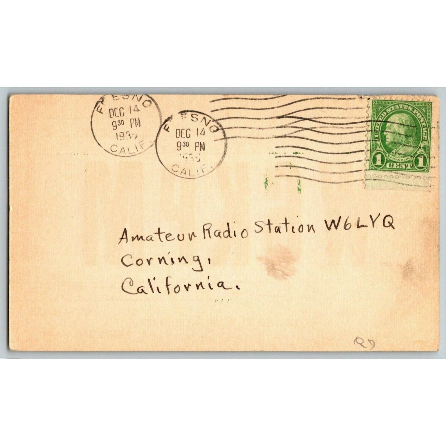 1935 Amateur / Ham Radio QSL Card Postcard - W6KPM - Fresno, California