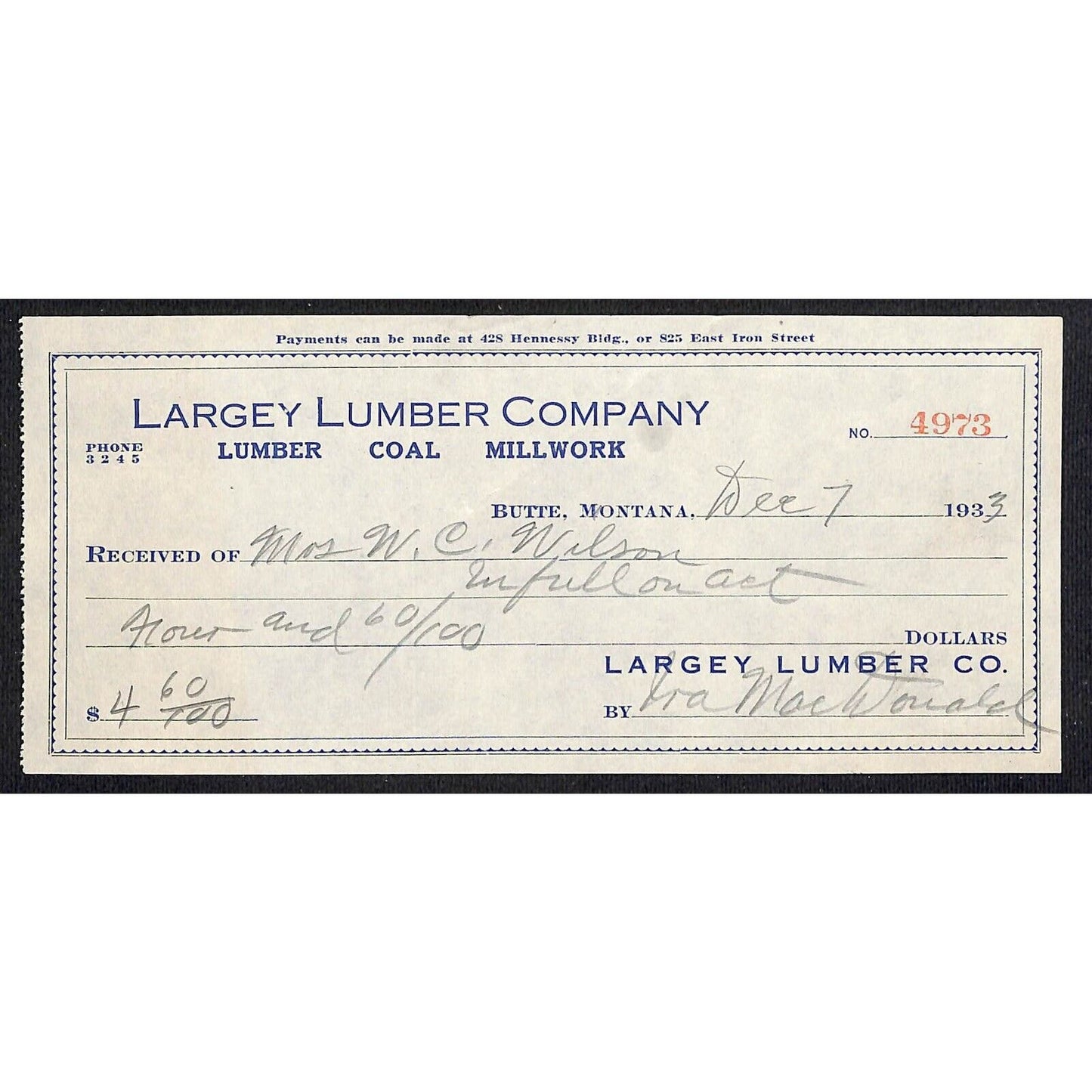 Largey Lumber Coal Butte Montana - 1933 Billhead Letterhead Wilson Drug