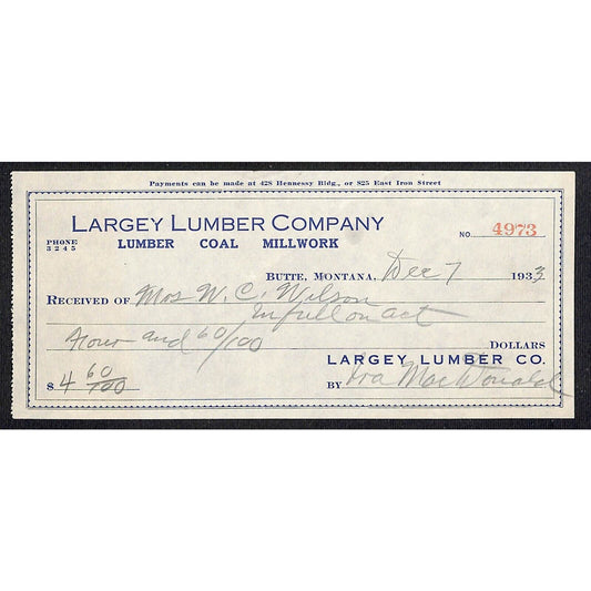 Largey Lumber Coal Butte Montana - 1933 Billhead Letterhead Wilson Drug