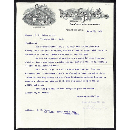 Mansfield, OH Roderick Lean Manufacturing Co. Harrows 1900 Letterhead Buford*