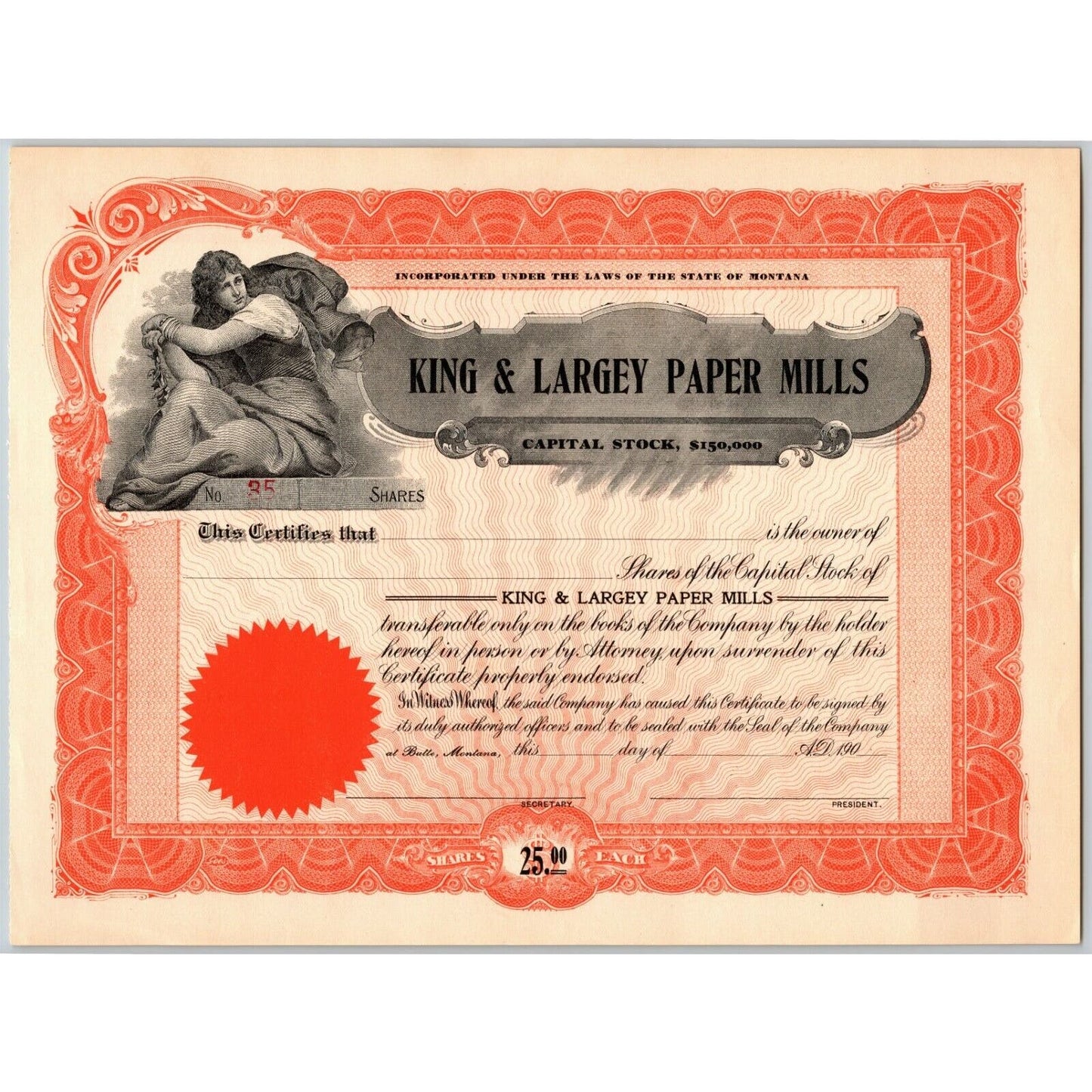 Vintage c1909 Stock Certificate "King & Largey Paper Mills" Montana