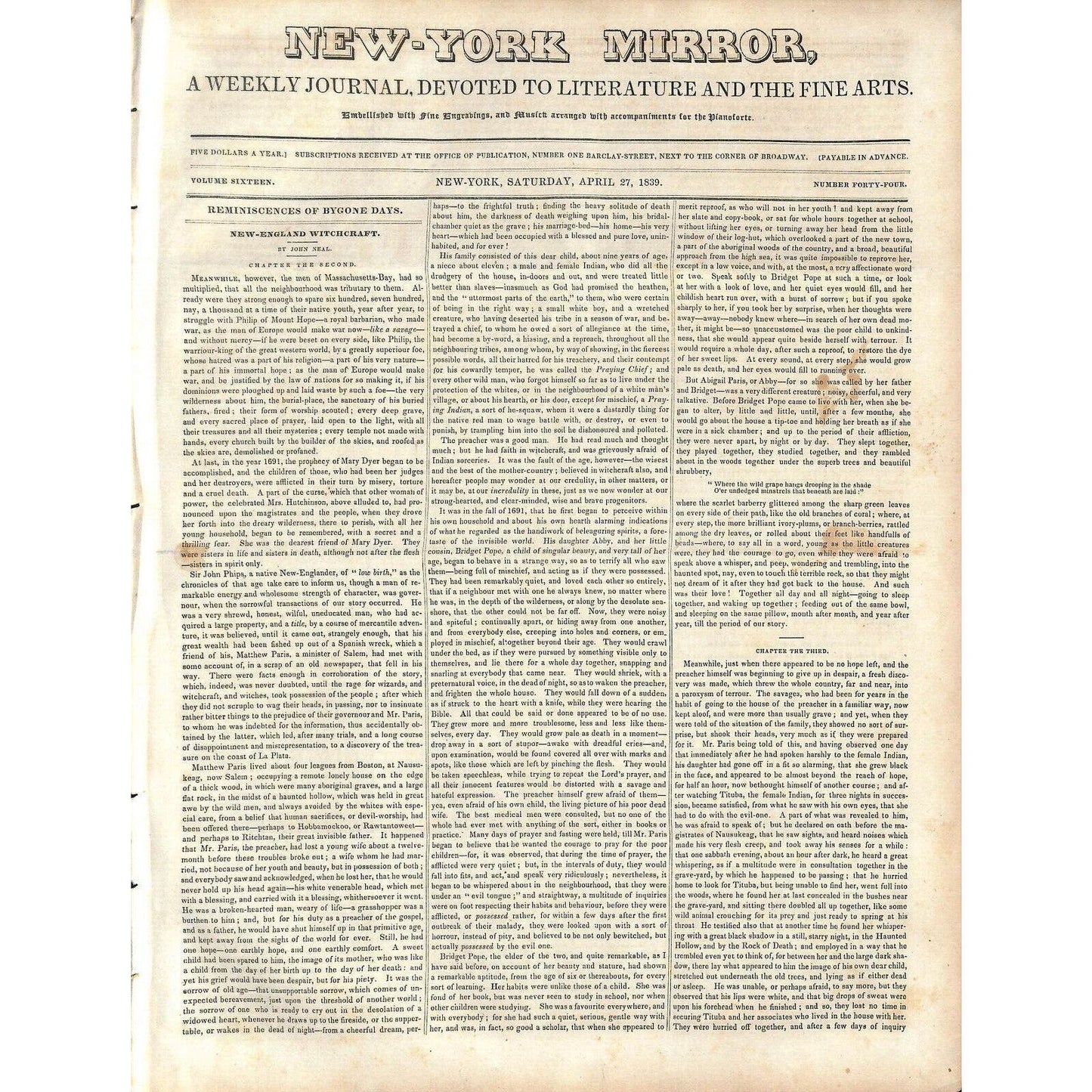 New-York Mirror Weekly Journal Literature Fine Arts Newspaper 4/27/1839