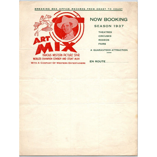 Art Mix Cowboy Stunt Man western Picture Star Circus Letterhead 1937
