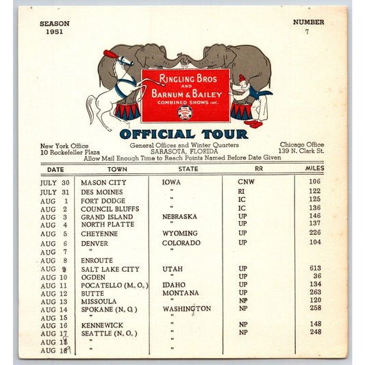1951 Ringling Bros Barnum Bailey Circus Route Card Denver Seattle Des Moines