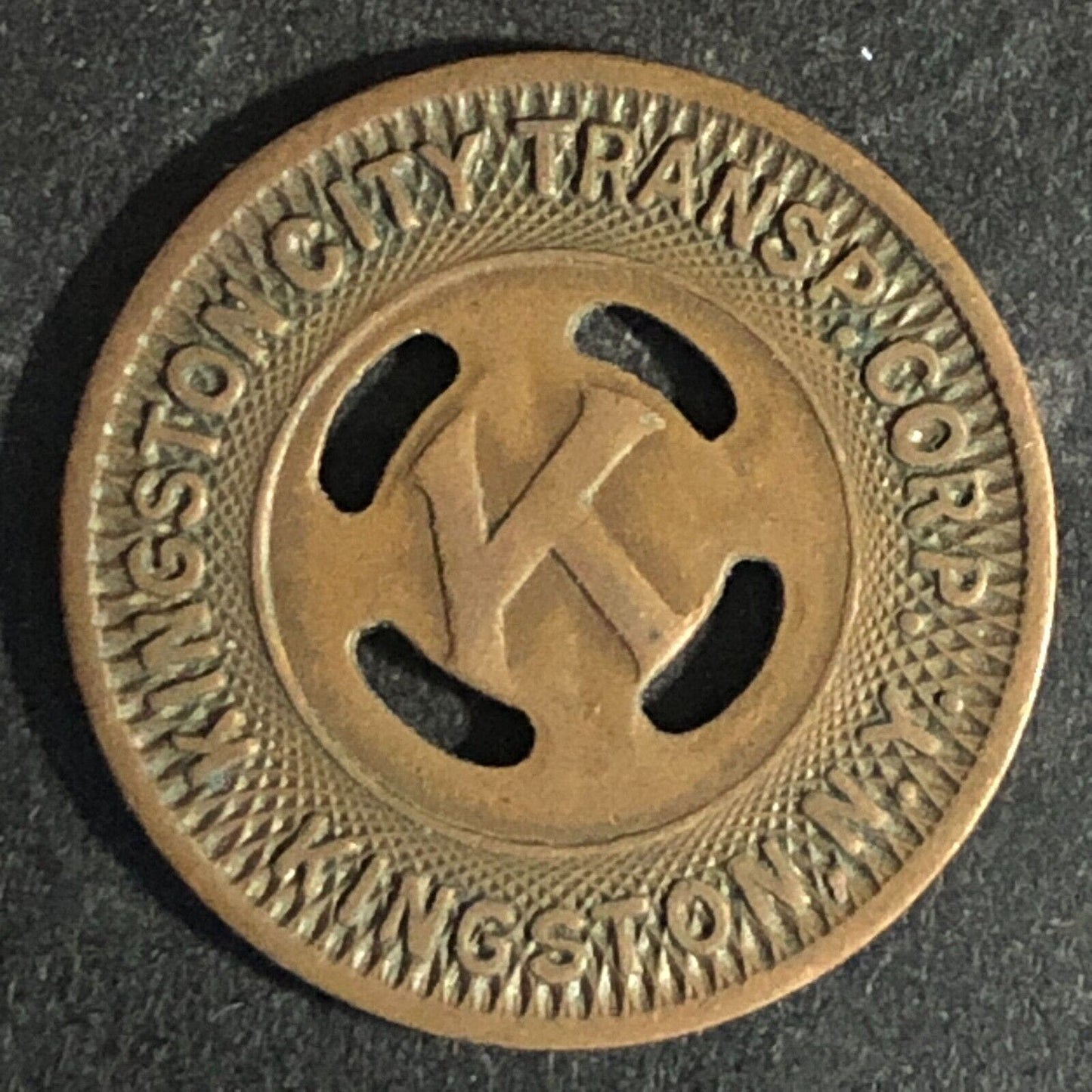 Kingston City Transp. Corp. (NY) Brass G/F One Fare Transit Token -- "K" 20mm