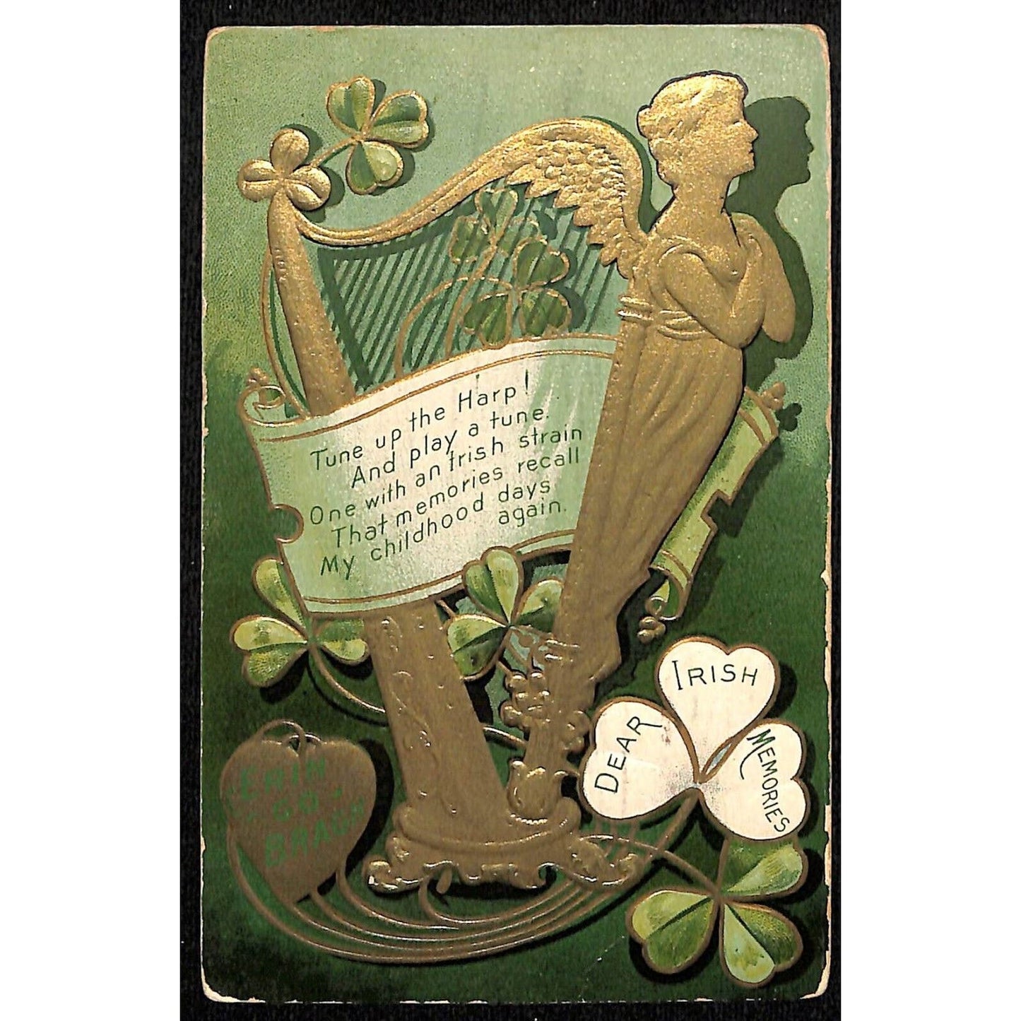 St. Patrick's Day Postcard "Erin Go Bragh" Harp Clovers Gold Ink PM 1911