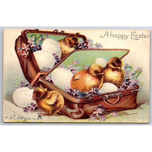 Easter Postcard "A Happy Easter" Baby Chicks Hatch in Suitcase EMB. PM 1907