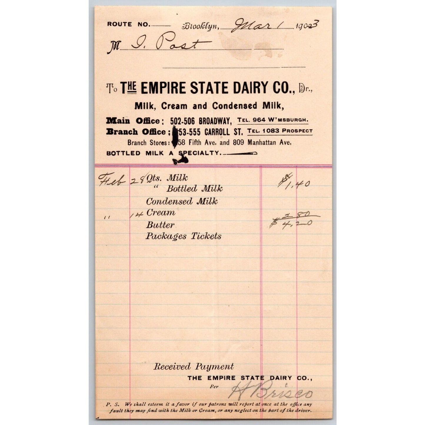 Empire State Dairy Brooklyn, NY March 1 1903 Billhead to: Isaac Post VGC
